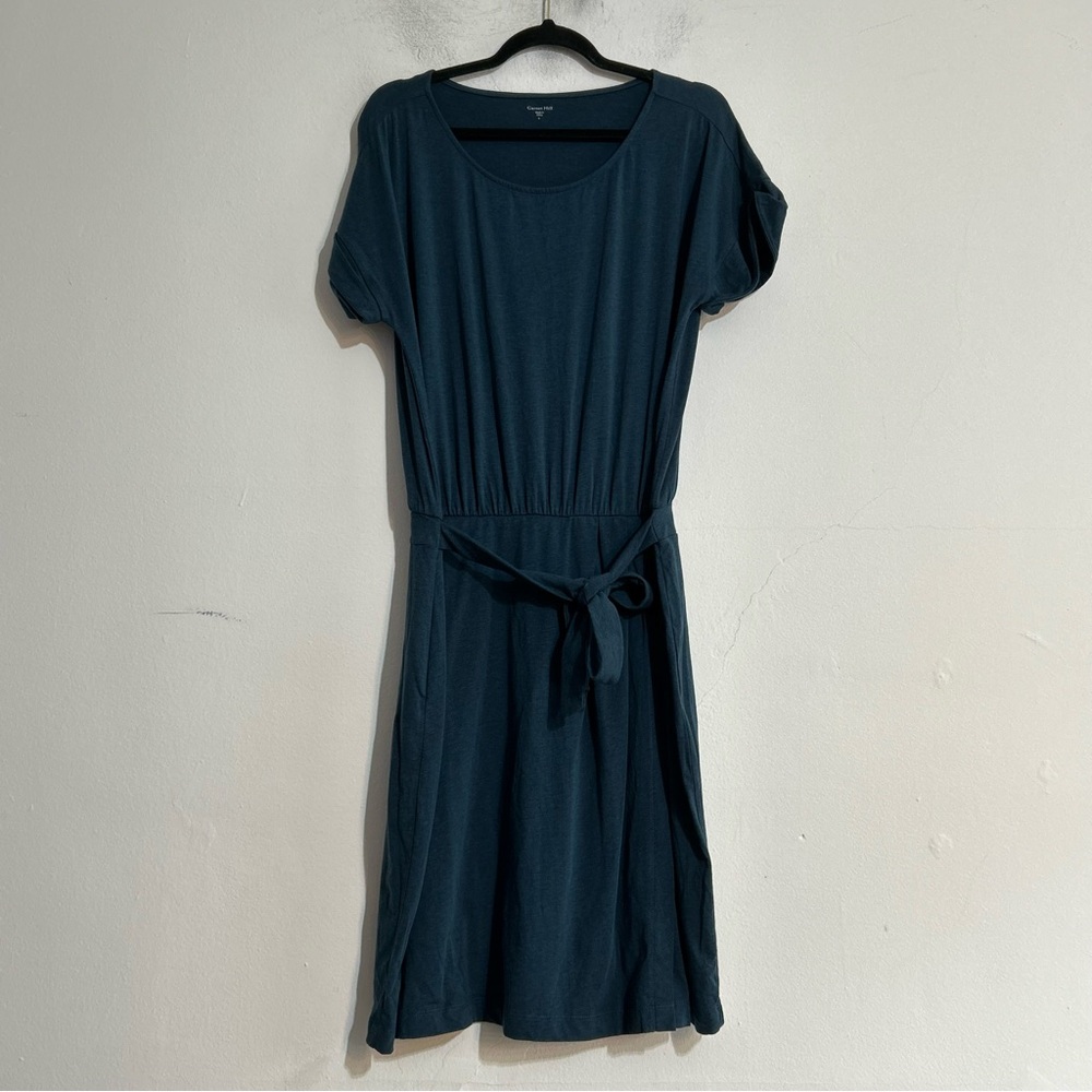 Garnet Hill Jersey Knit Tie Waist Faux Wrap Mini Dress Blue Large Casual Minimal